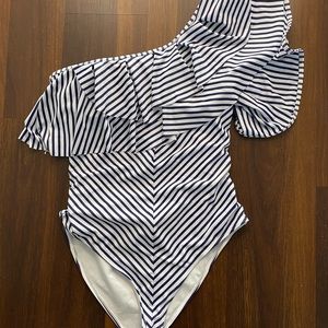 Navy and white ruffle one shoulder swimsuit *NWOT
